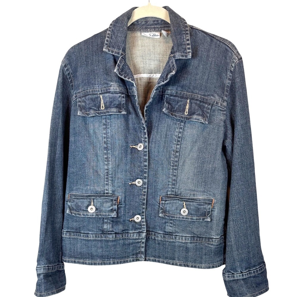 Chicos Platinum Denim Trucker Jean Jacket Size 8/10 Blue Button Front